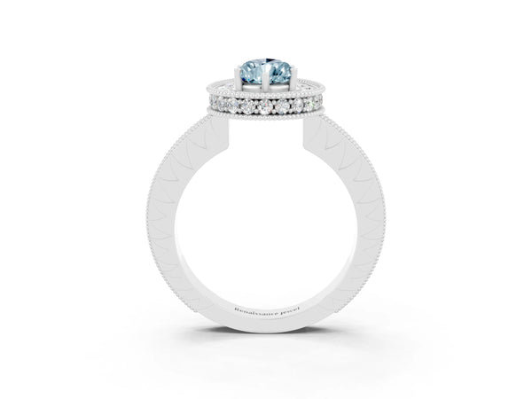 Silver Pear Cut Halo Diamond Engagement Ring with Milgrain Pave Band and Four-Prong Setting