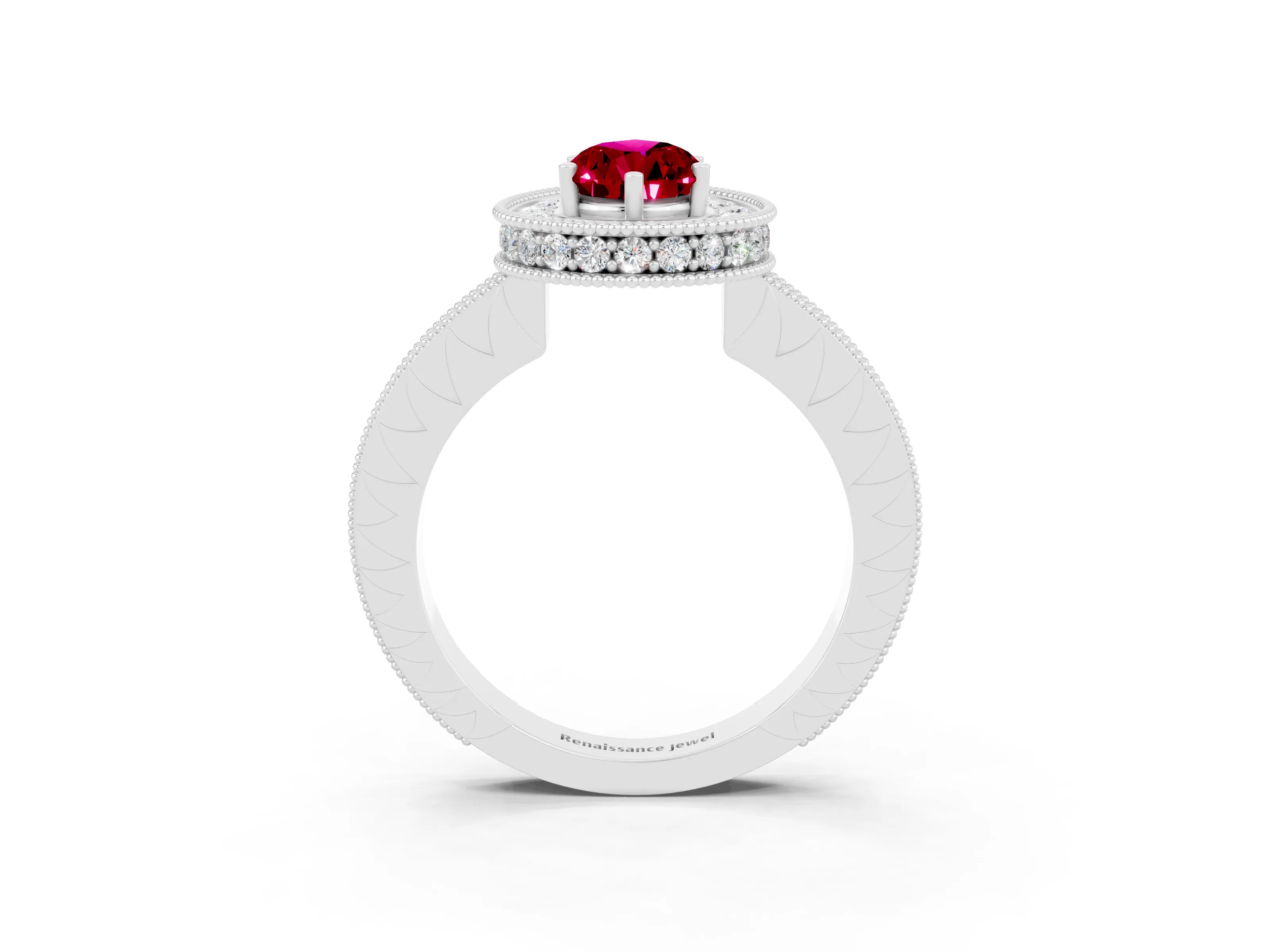White gold Pear Cut Halo Diamond Engagement Ring with Milgrain Pave Band and Four-Prong Setting_3