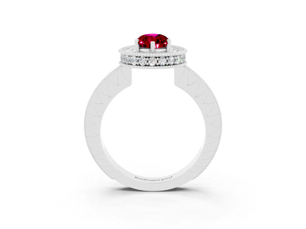White gold Pear Cut Halo Diamond Engagement Ring with Milgrain Pave Band and Four-Prong Setting