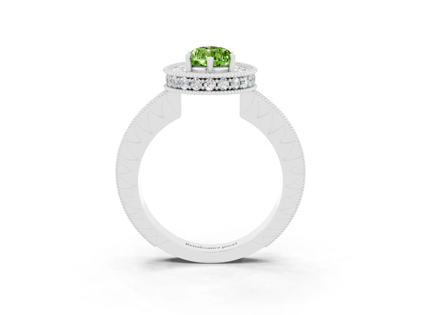 Platinum Pear Cut Halo Diamond Engagement Ring with Milgrain Pave Band and Four-Prong Setting