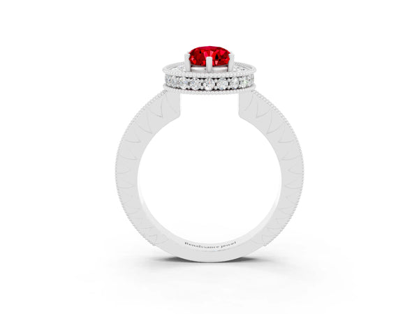 Platinum Pear Cut Halo Diamond Engagement Ring with Milgrain Pave Band and Four-Prong Setting