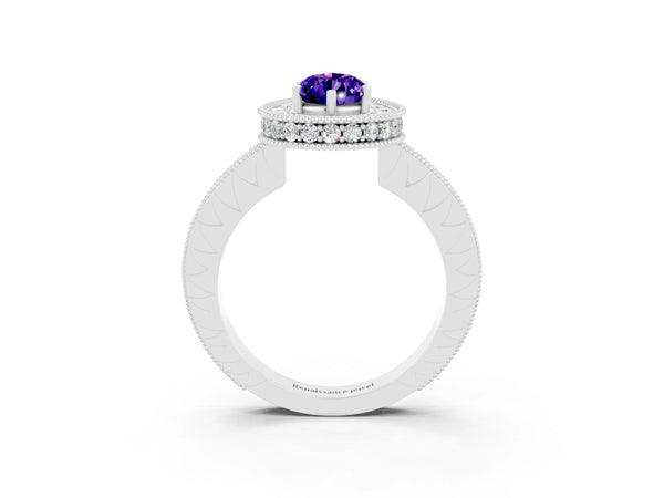 Platinum Pear Cut Halo Diamond Engagement Ring with Milgrain Pave Band and Four-Prong Setting