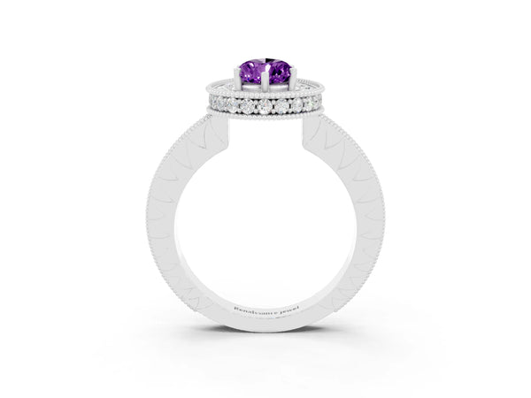 White gold Pear Cut Amethyst Milgrain Halo Engagement Ring with Round Pavé Band and Prong Setting