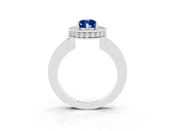 White gold Pear Cut Halo Diamond Engagement Ring with Milgrain Pave Band and Four-Prong Setting