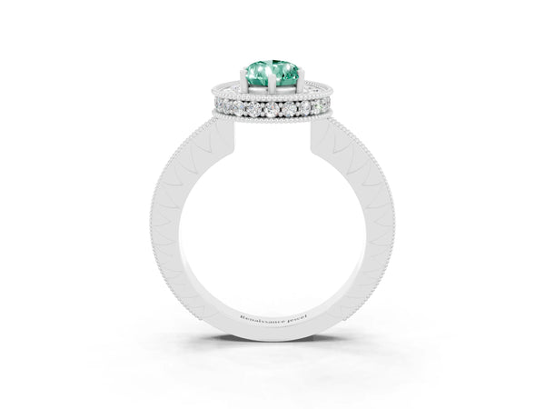Silver Pear Cut Halo Diamond Engagement Ring with Milgrain Pave Band and Four-Prong Setting
