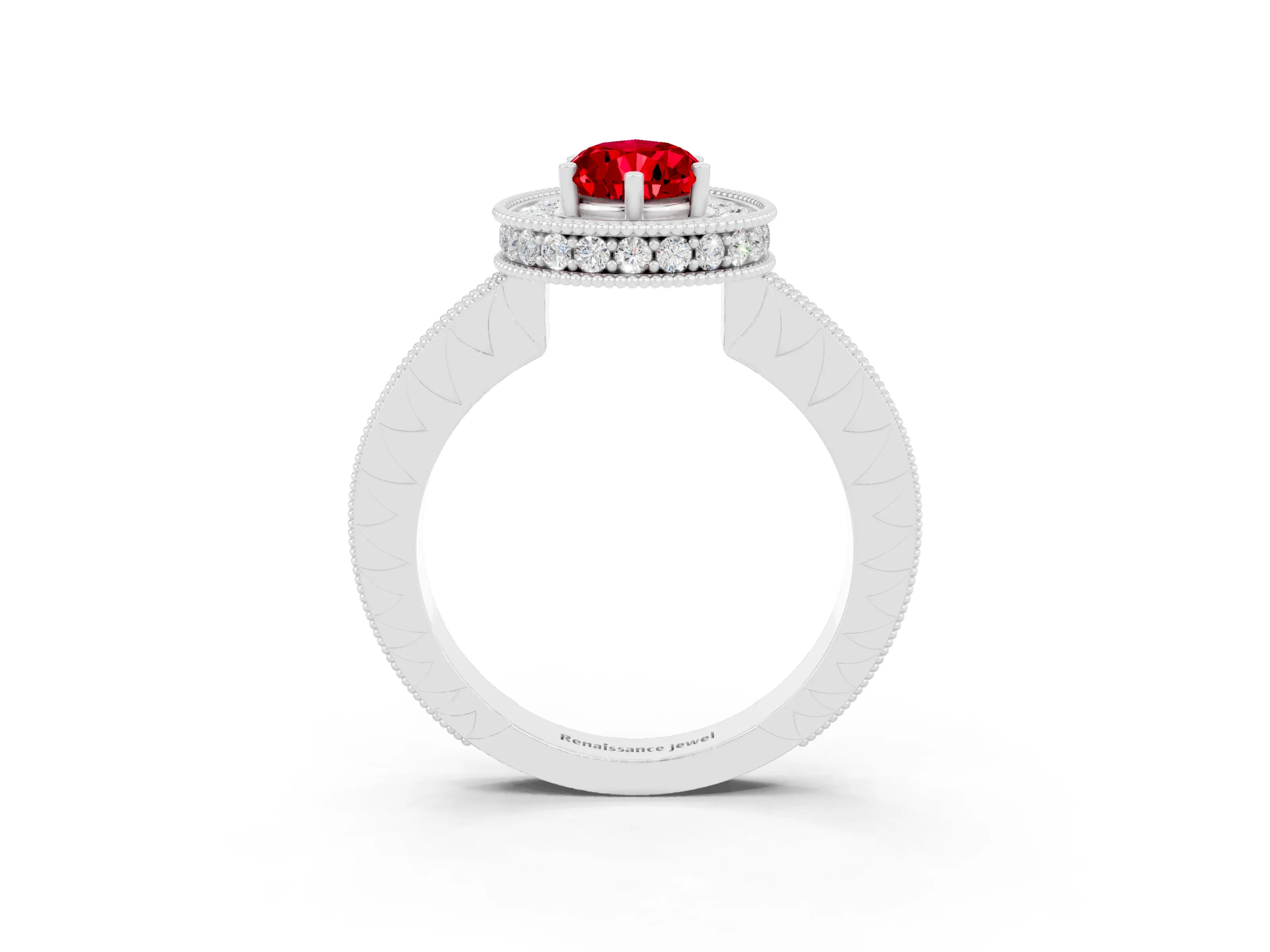 White gold Pear Cut Halo Diamond Engagement Ring with Milgrain Pave Band and Four-Prong Setting_3