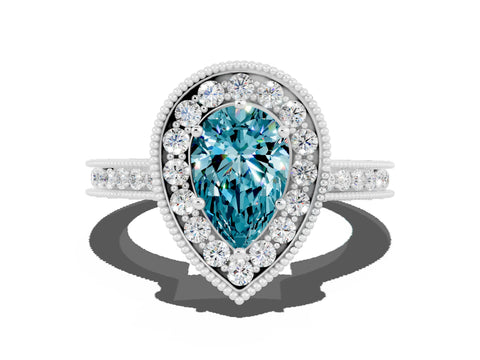 White gold Pear Cut Halo Diamond Engagement Ring with Milgrain Pave Band and Four-Prong Setting