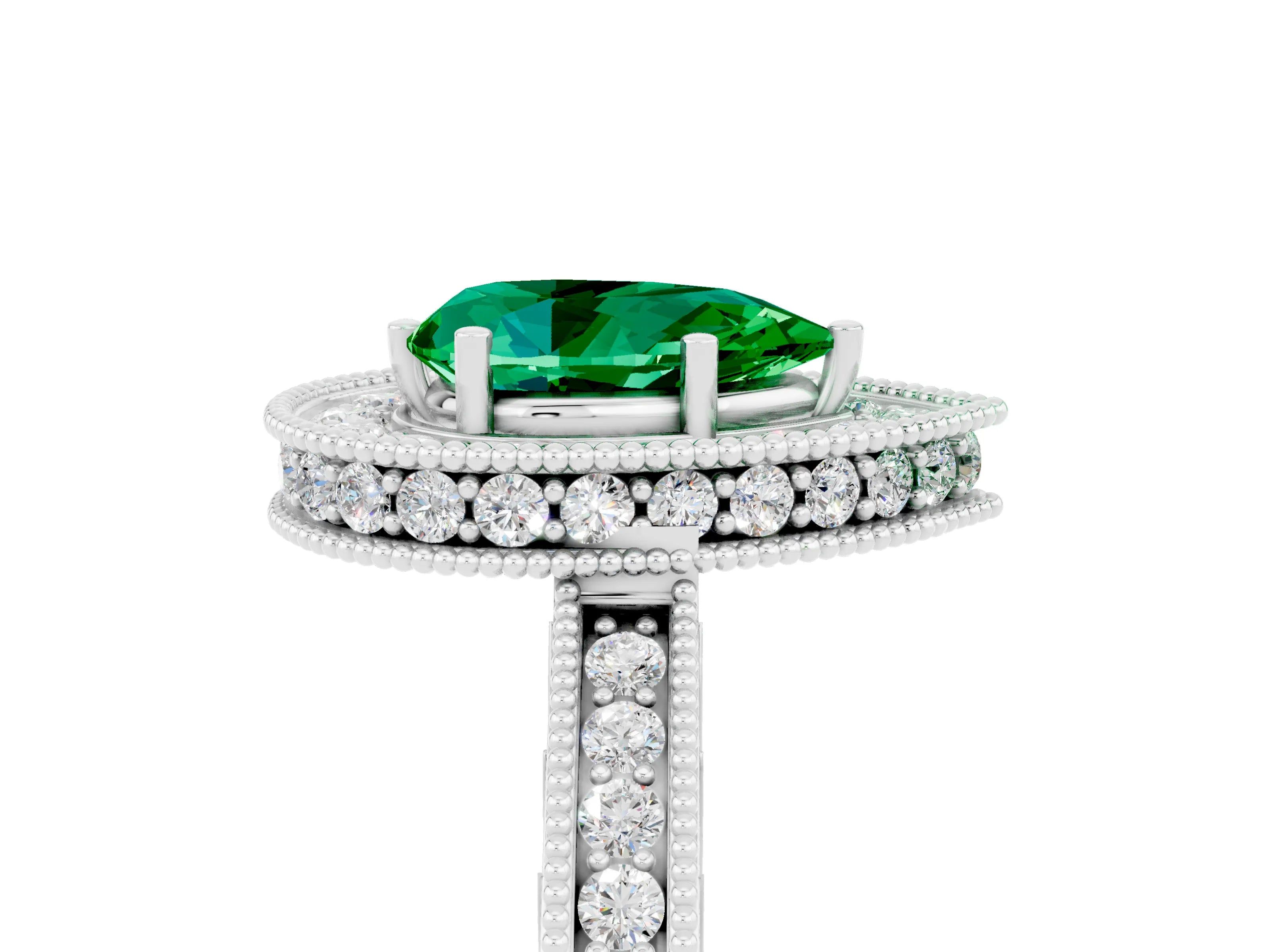 White gold Pear Cut Halo Diamond Engagement Ring with Milgrain Pave Band and Four-Prong Setting_5