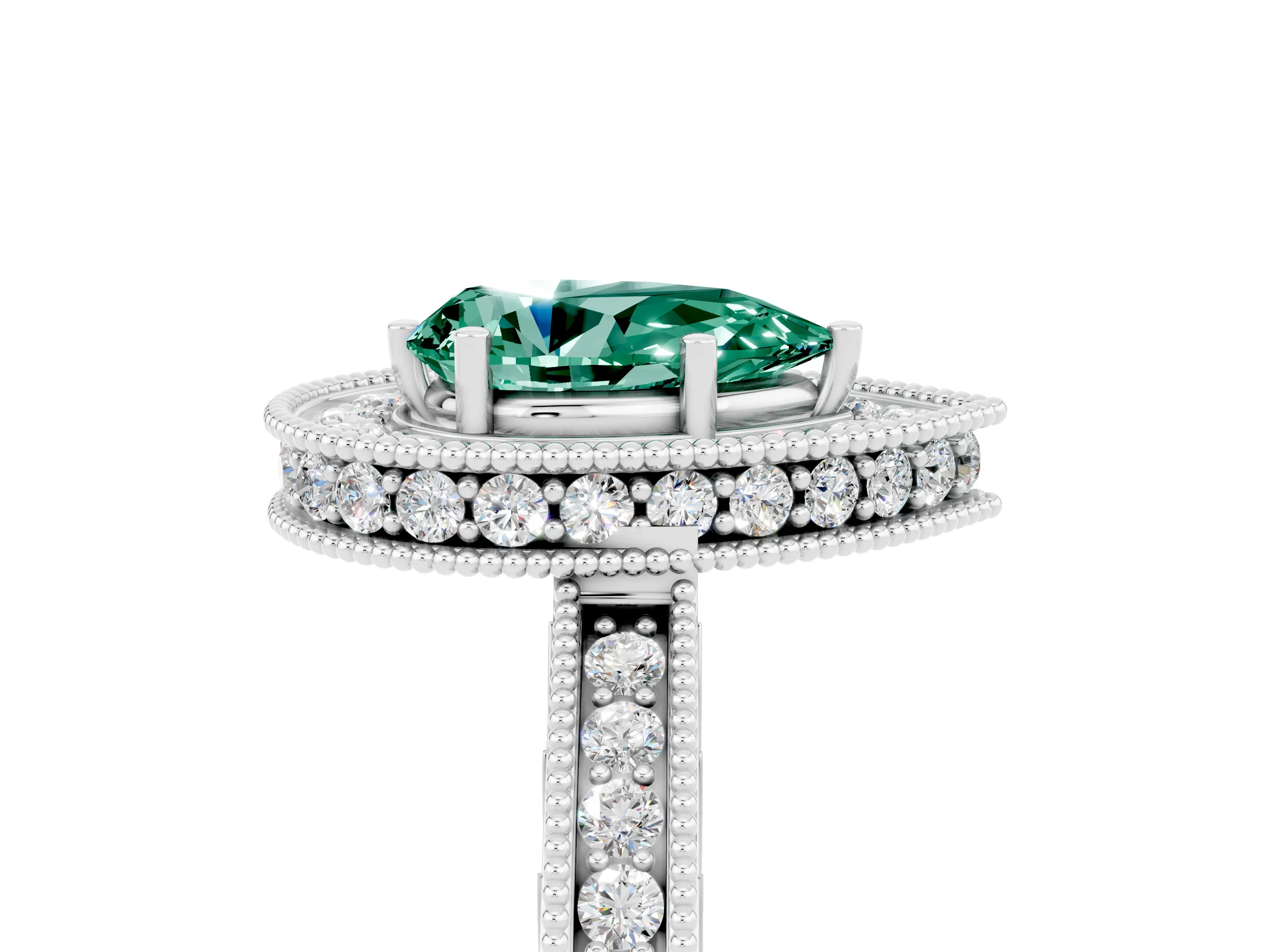 White gold Pear Cut Halo Diamond Engagement Ring with Milgrain Pave Band and Four-Prong Setting_5