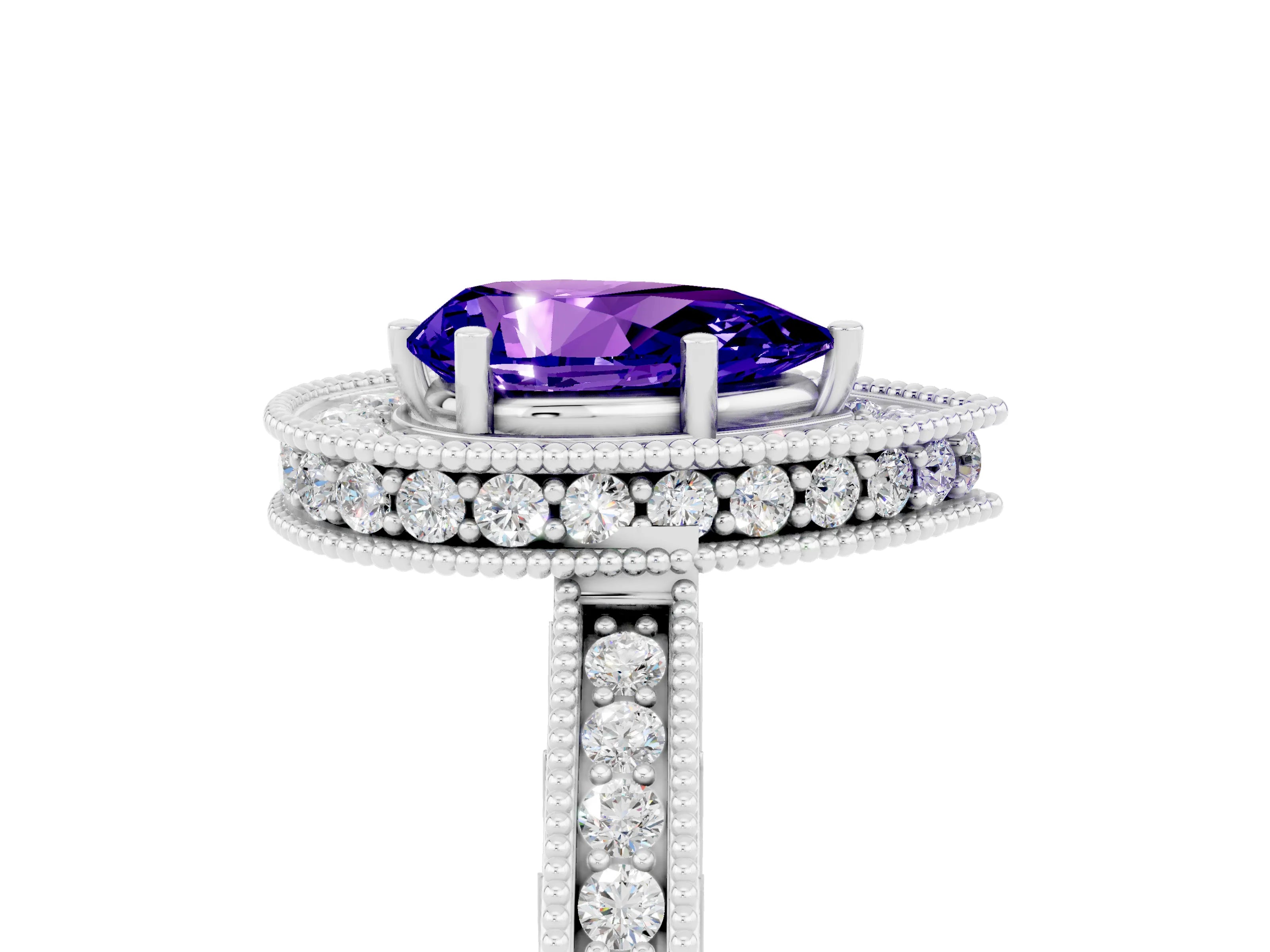 White gold Pear Cut Halo Diamond Engagement Ring with Milgrain Pave Band and Four-Prong Setting_5