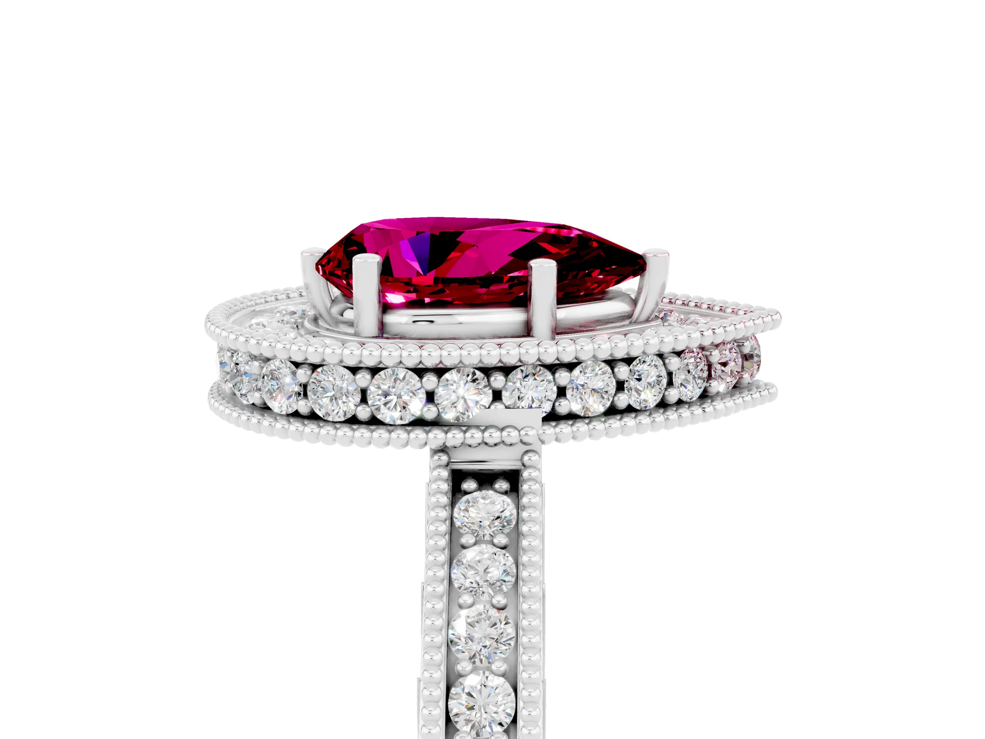 White gold Pear Cut Halo Diamond Engagement Ring with Milgrain Pave Band and Four-Prong Setting_5