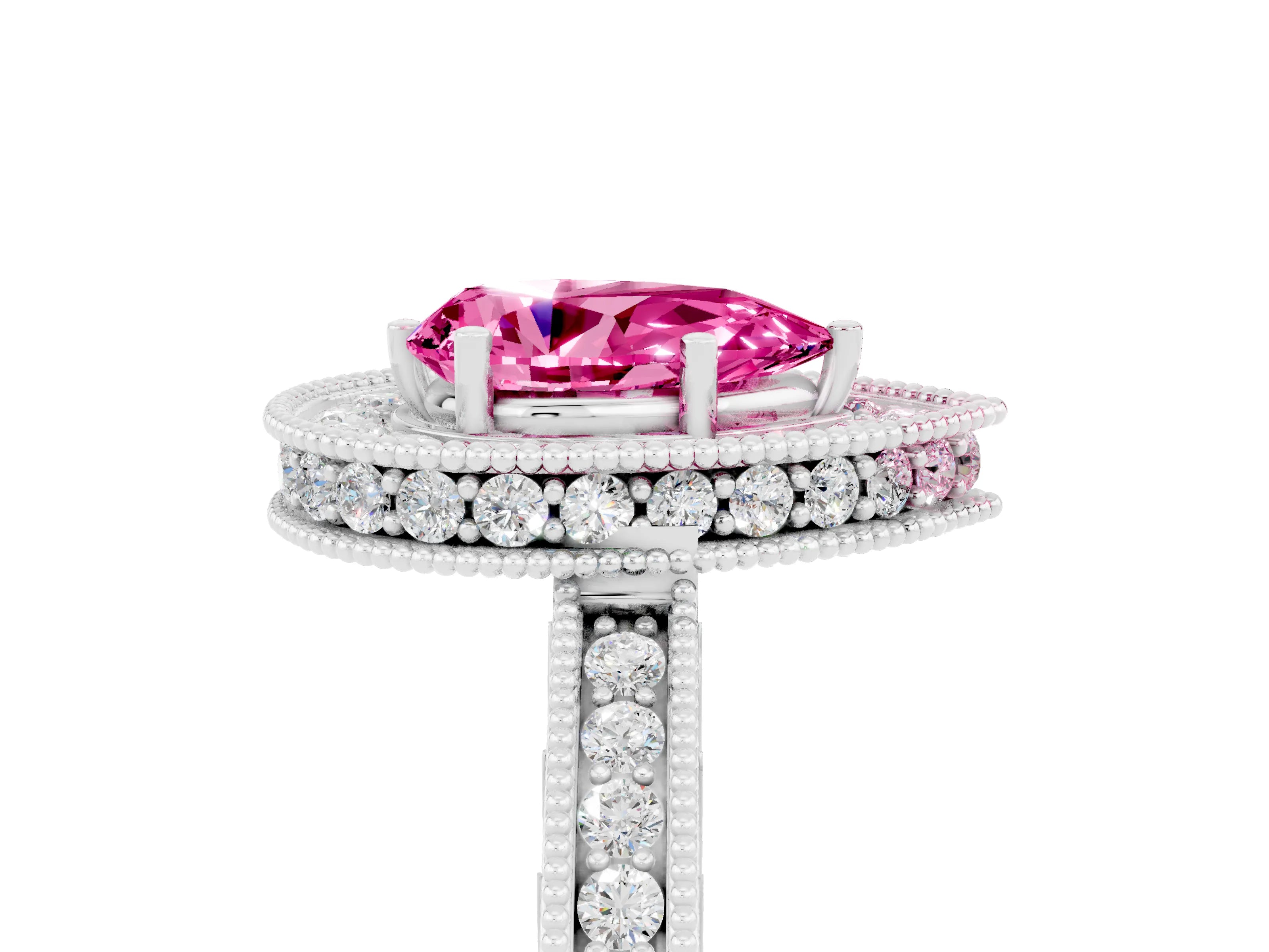 White gold Pear Cut Halo Diamond Engagement Ring with Milgrain Pave Band and Four-Prong Setting_5