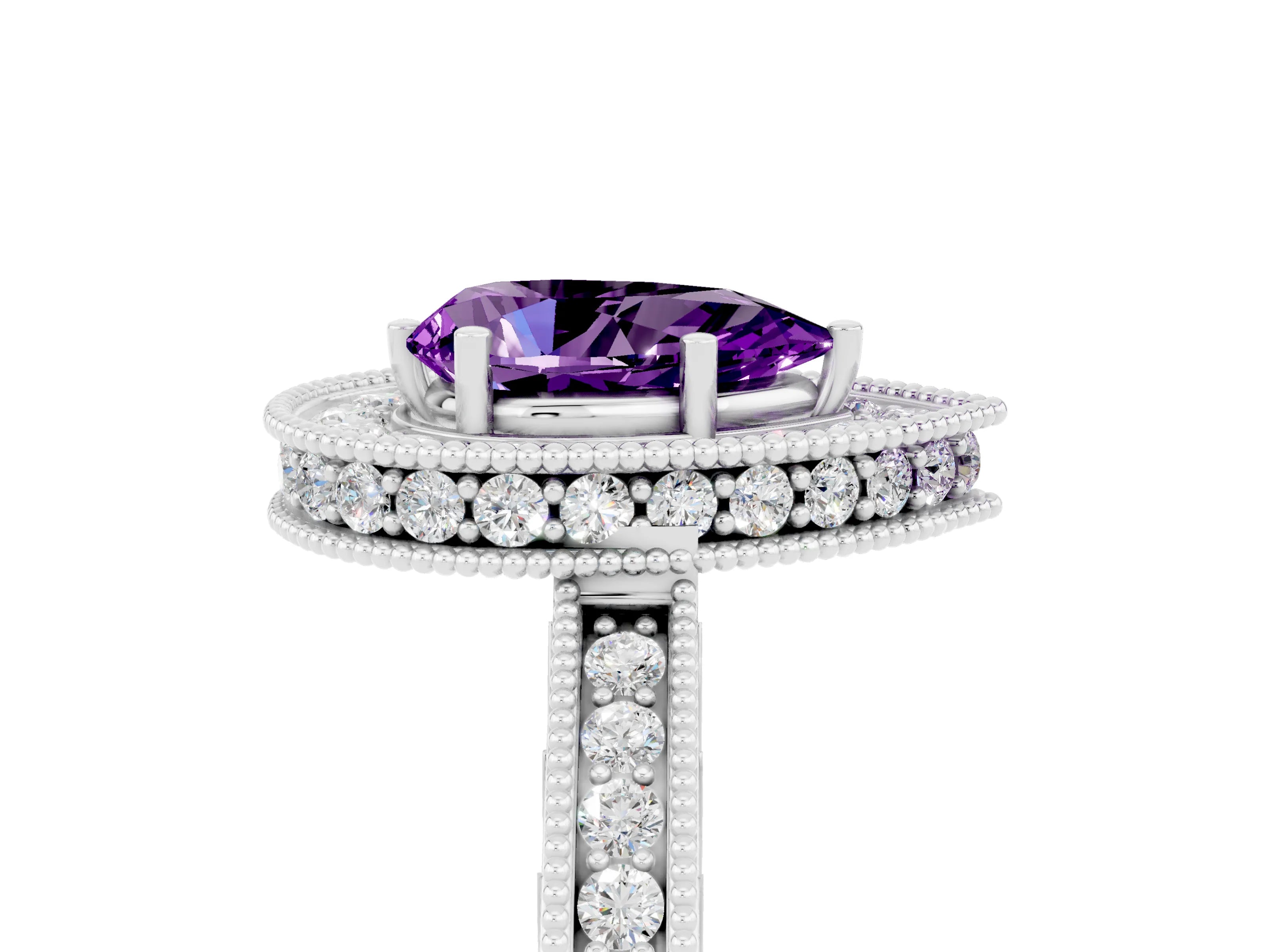 White gold Pear Cut Halo Diamond Engagement Ring with Milgrain Pave Band and Four-Prong Setting_5