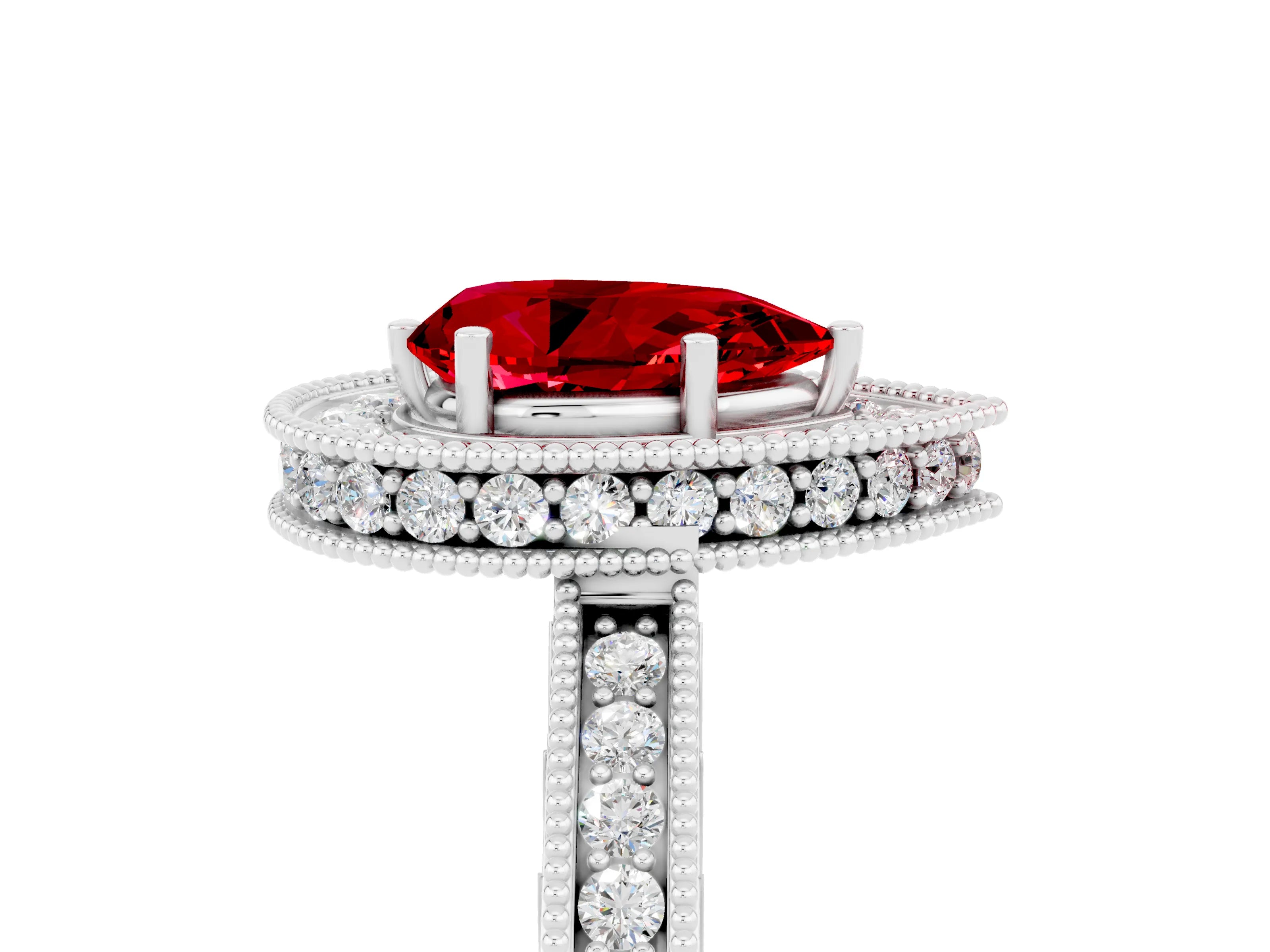 White gold Pear Cut Halo Diamond Engagement Ring with Milgrain Pave Band and Four-Prong Setting_5