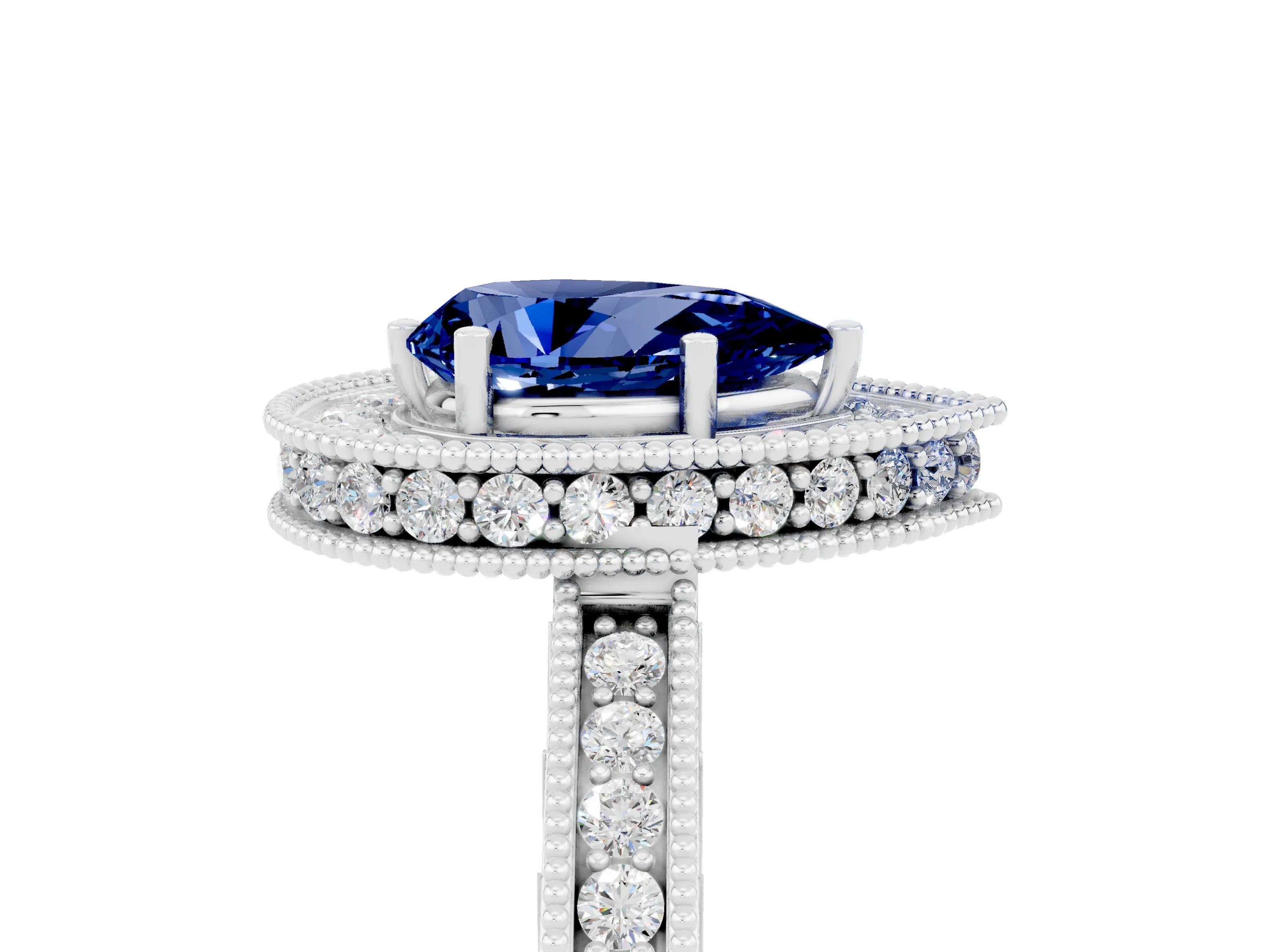 White gold Pear Cut Halo Diamond Engagement Ring with Milgrain Pave Band and Four-Prong Setting_5