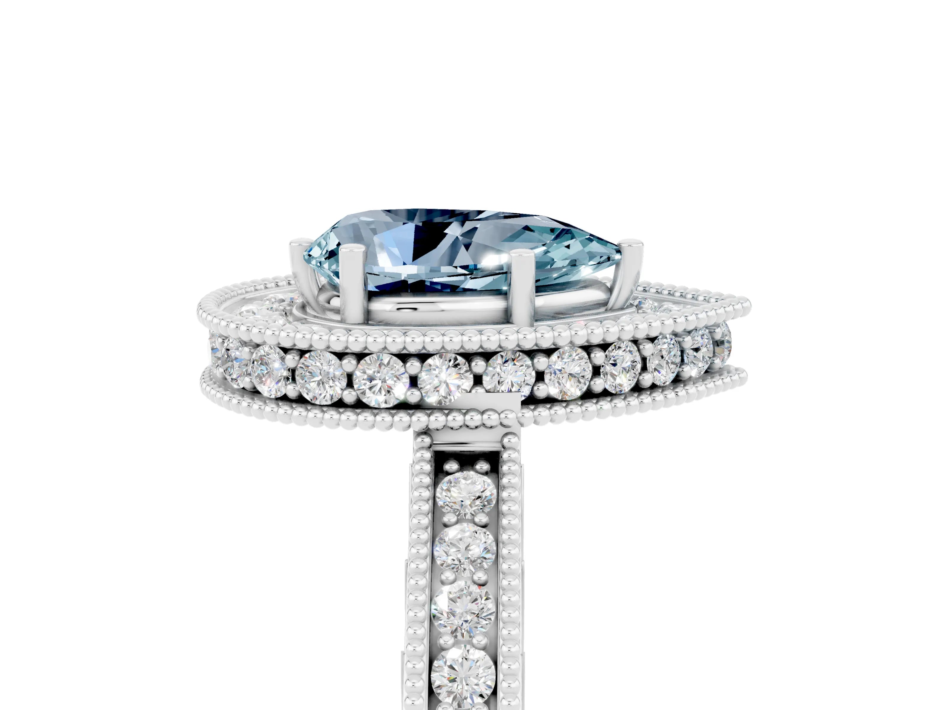 White gold Pear Cut Halo Diamond Engagement Ring with Milgrain Pave Band and Four-Prong Setting_5