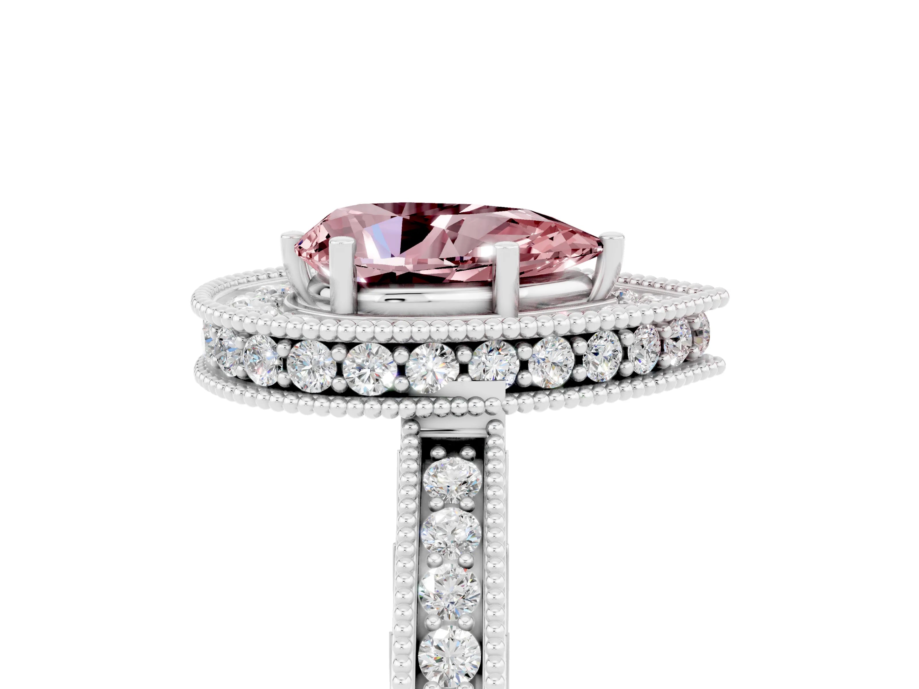 White gold Pear Cut Halo Diamond Engagement Ring with Milgrain Pave Band and Four-Prong Setting_5