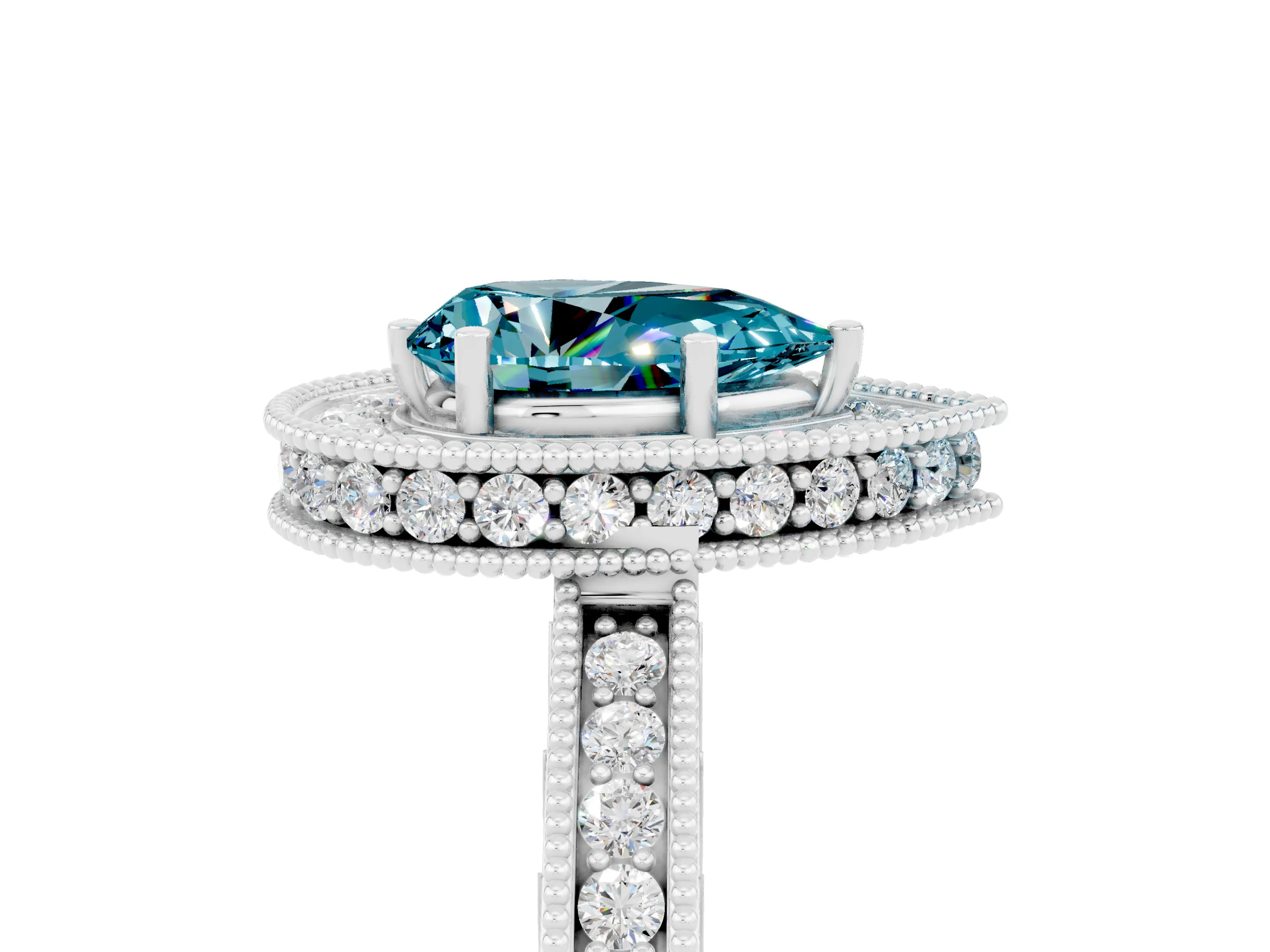 White gold Pear Cut Halo Diamond Engagement Ring with Milgrain Pave Band and Four-Prong Setting_5