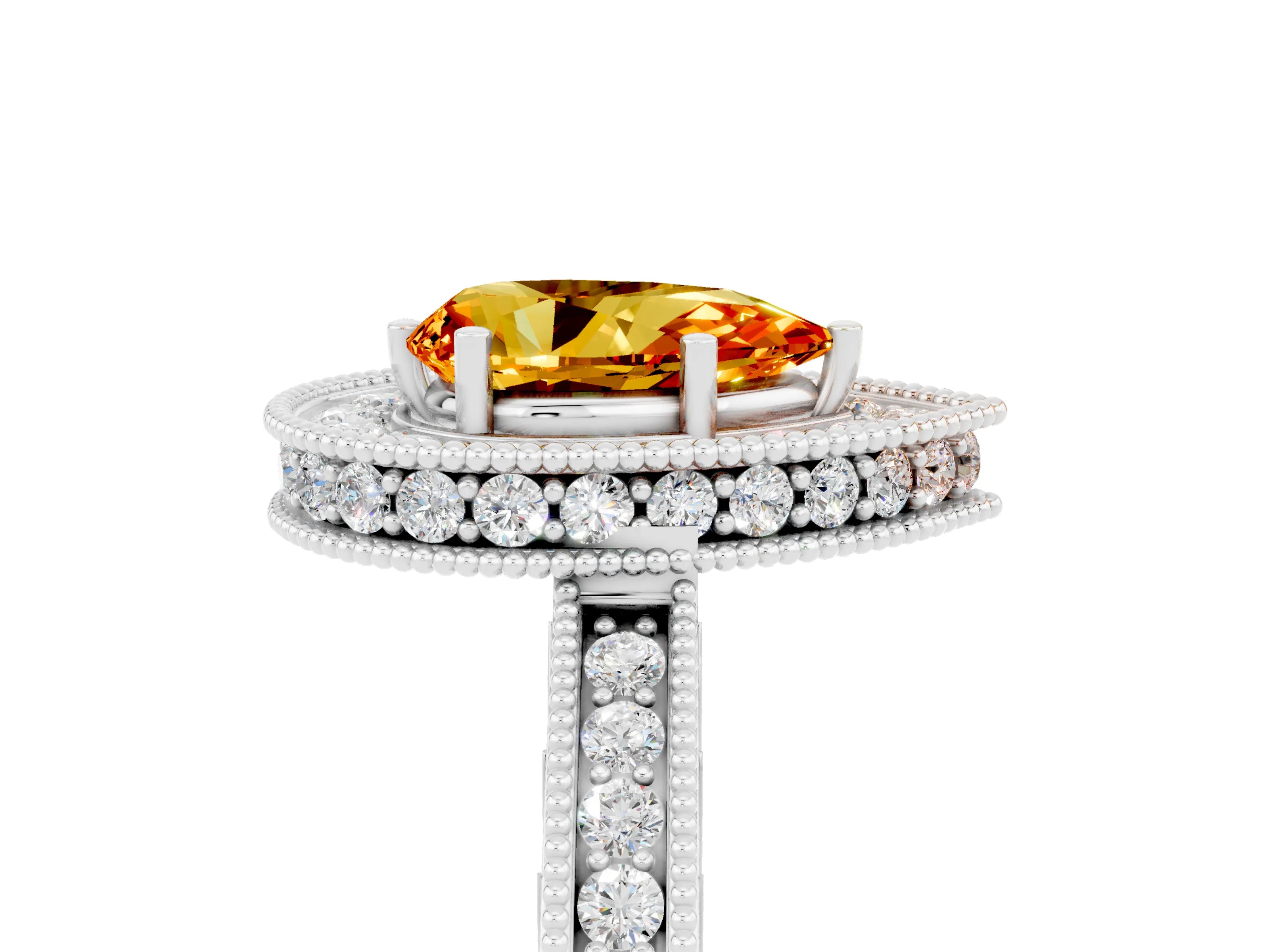 White gold Pear Cut Halo Diamond Engagement Ring with Milgrain Pave Band and Four-Prong Setting_5