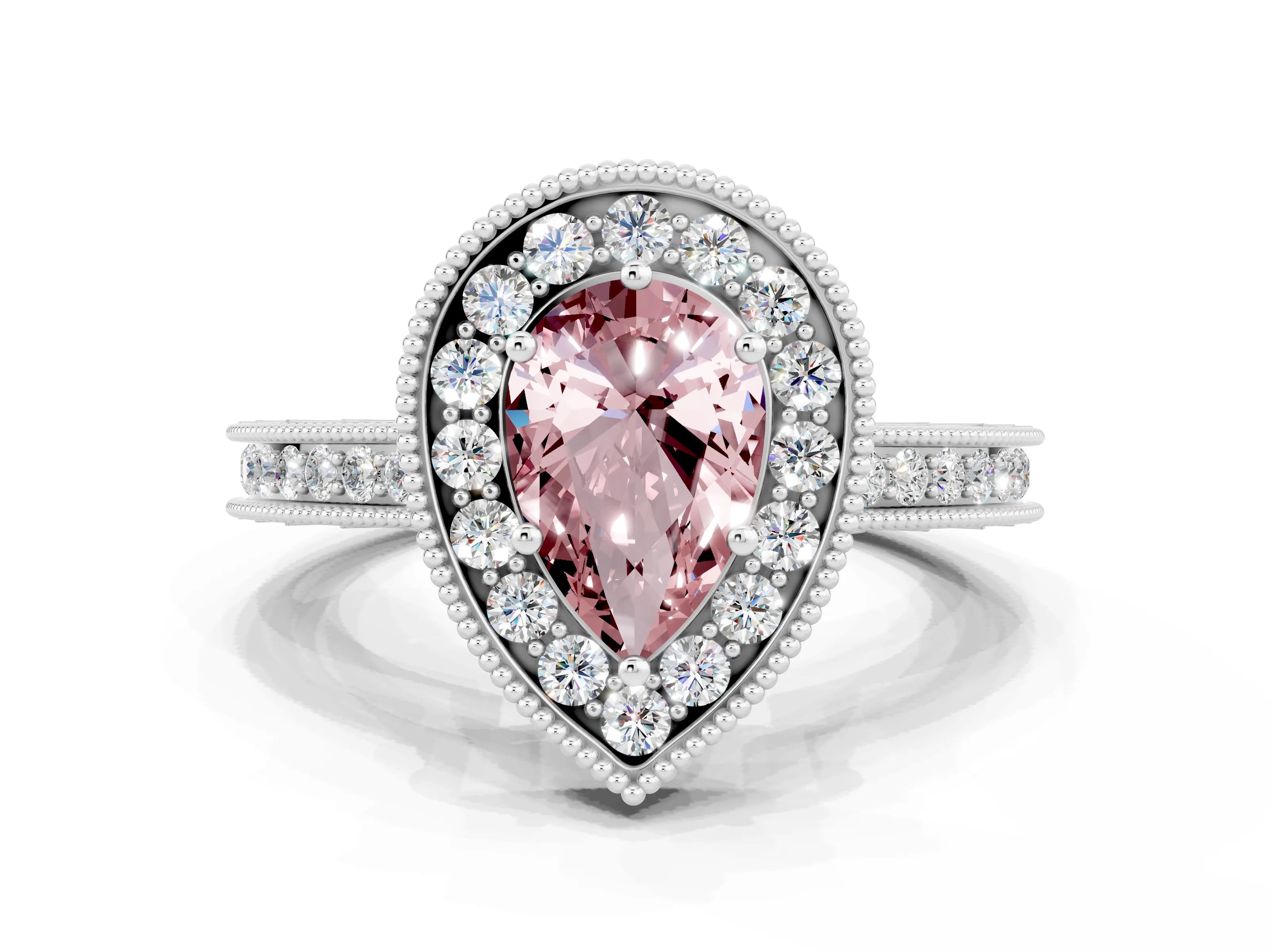 White gold Pear Cut Halo Diamond Engagement Ring with Milgrain Pave Band and Four-Prong Setting