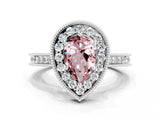 White gold Pear Cut Halo Diamond Engagement Ring with Milgrain Pave Band and Four-Prong Setting
