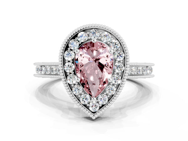 Silver Pear Cut Halo Diamond Engagement Ring with Milgrain Pave Band and Four-Prong Setting