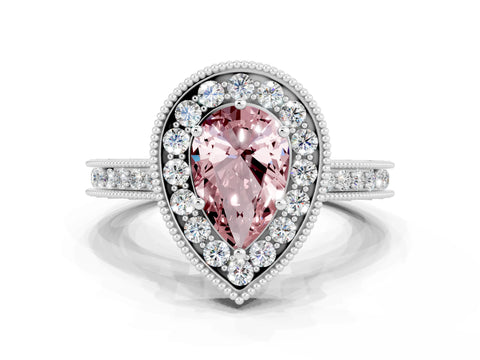 White gold Pear Cut Halo Diamond Engagement Ring with Milgrain Pave Band and Four-Prong Setting