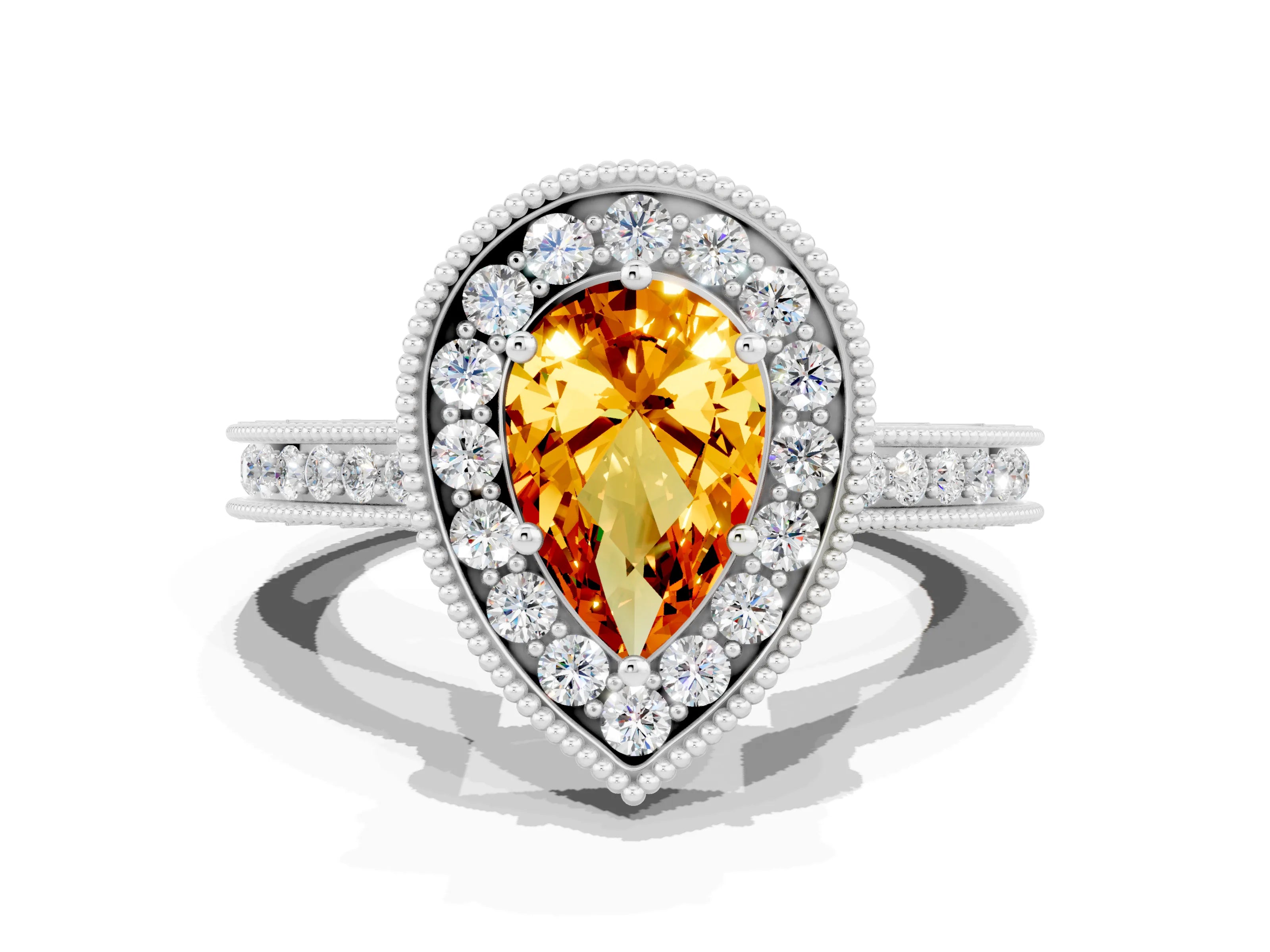 White gold Pear Cut Halo Diamond Engagement Ring with Milgrain Pave Band and Four-Prong Setting