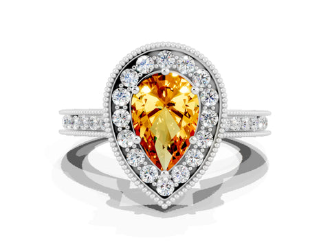 White gold Pear Cut Halo Diamond Engagement Ring with Milgrain Pave Band and Four-Prong Setting