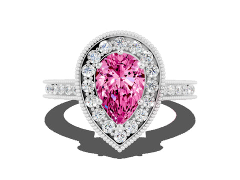 White gold Pear Cut Halo Diamond Engagement Ring with Milgrain Pave Band and Four-Prong Setting