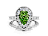 White gold Pear Cut Halo Diamond Engagement Ring with Milgrain Pave Band and Four-Prong Setting