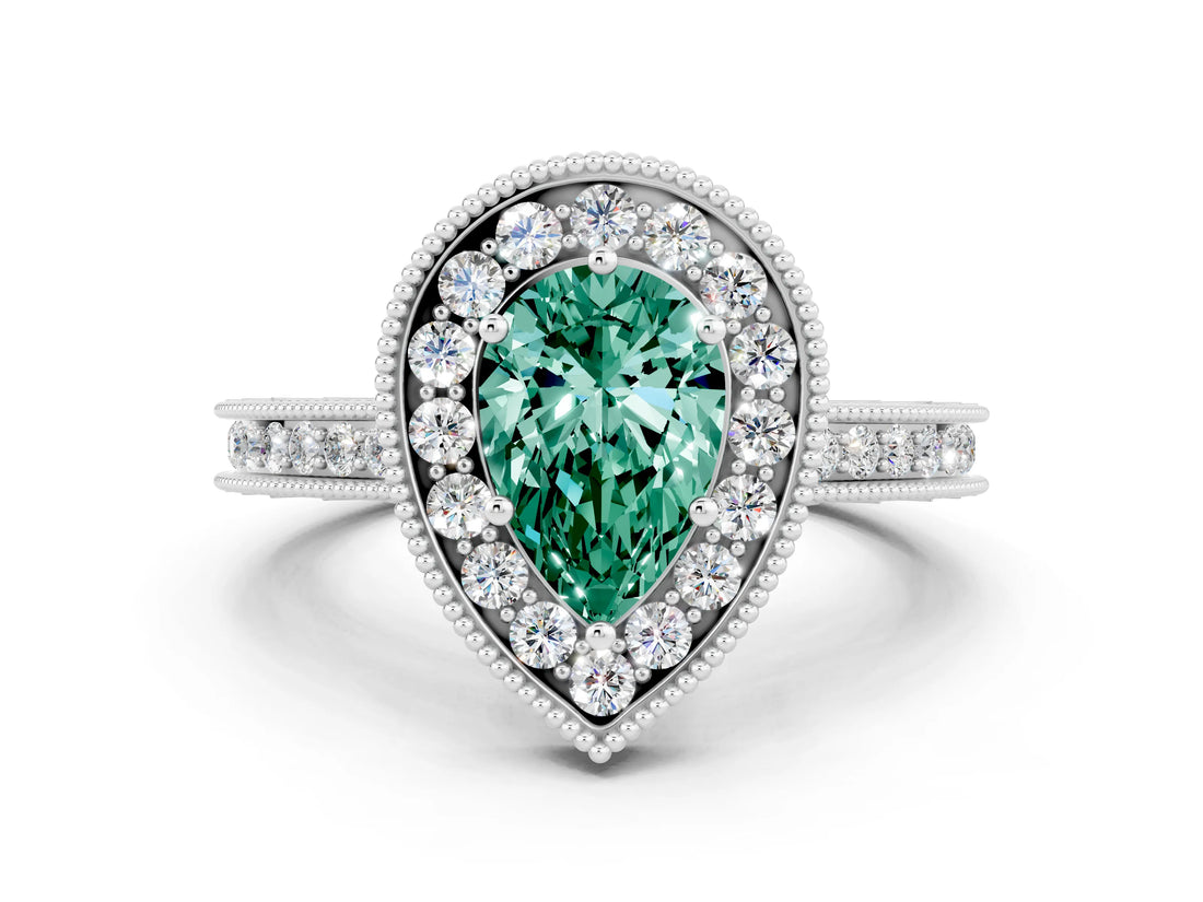 White gold Pear Cut Halo Diamond Engagement Ring with Milgrain Pave Band and Four-Prong Setting