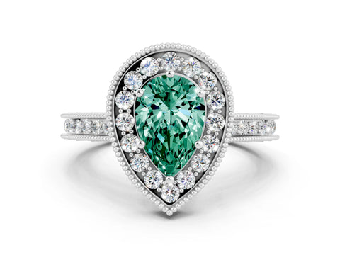 White gold Pear Cut Halo Diamond Engagement Ring with Milgrain Pave Band and Four-Prong Setting
