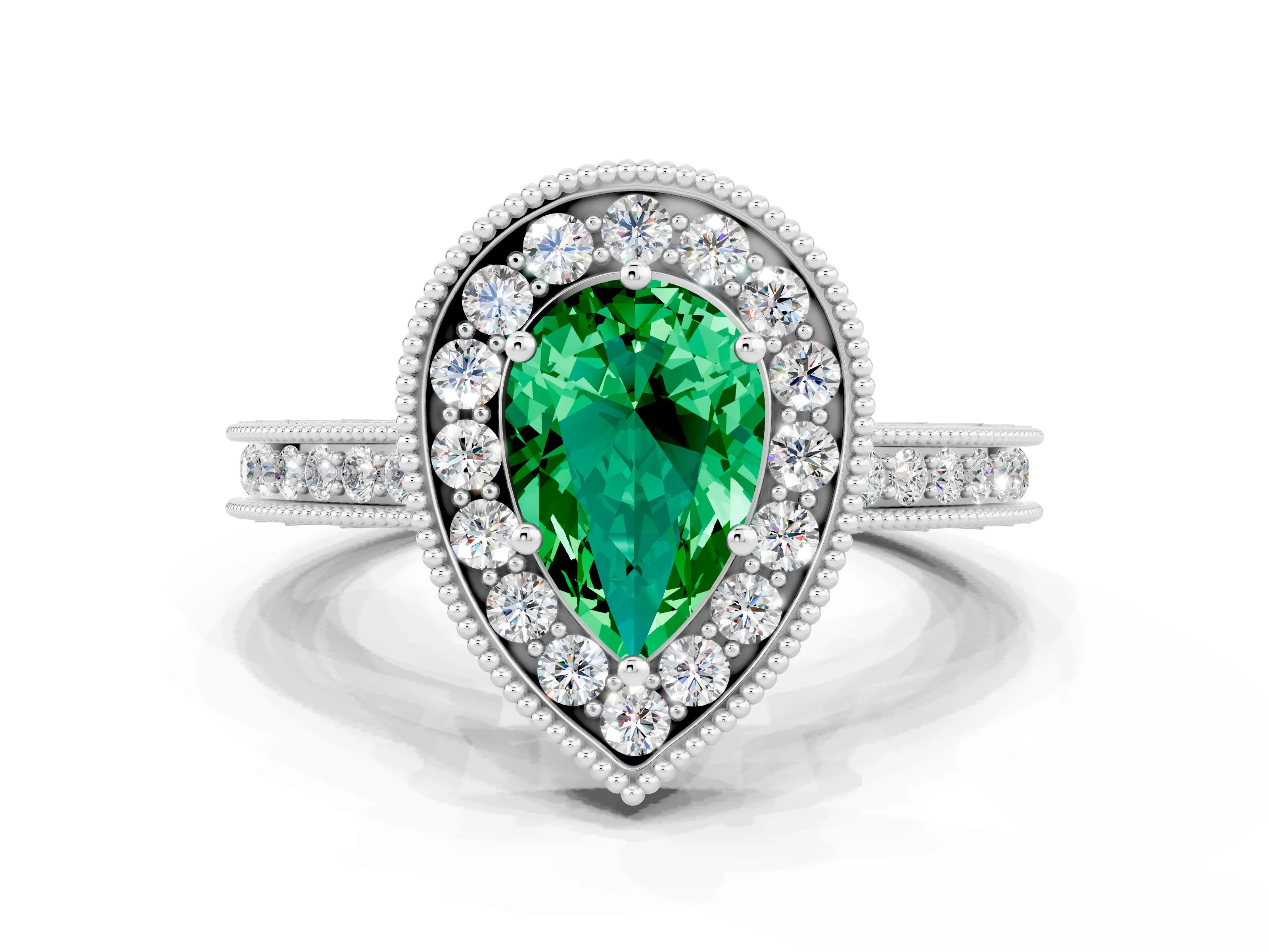 White gold Pear Cut Halo Diamond Engagement Ring with Milgrain Pave Band and Four-Prong Setting