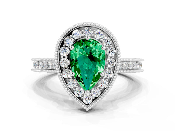 Silver Pear Cut Halo Diamond Engagement Ring with Milgrain Pave Band and Four-Prong Setting