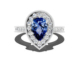 White gold Pear Cut Halo Diamond Engagement Ring with Milgrain Pave Band and Four-Prong Setting