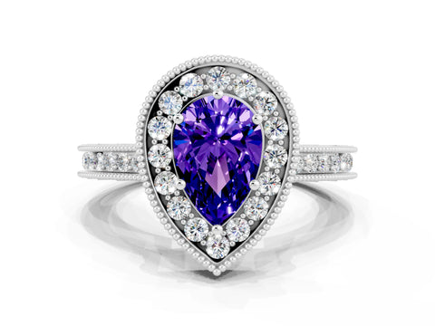 White gold Pear Cut Halo Diamond Engagement Ring with Milgrain Pave Band and Four-Prong Setting