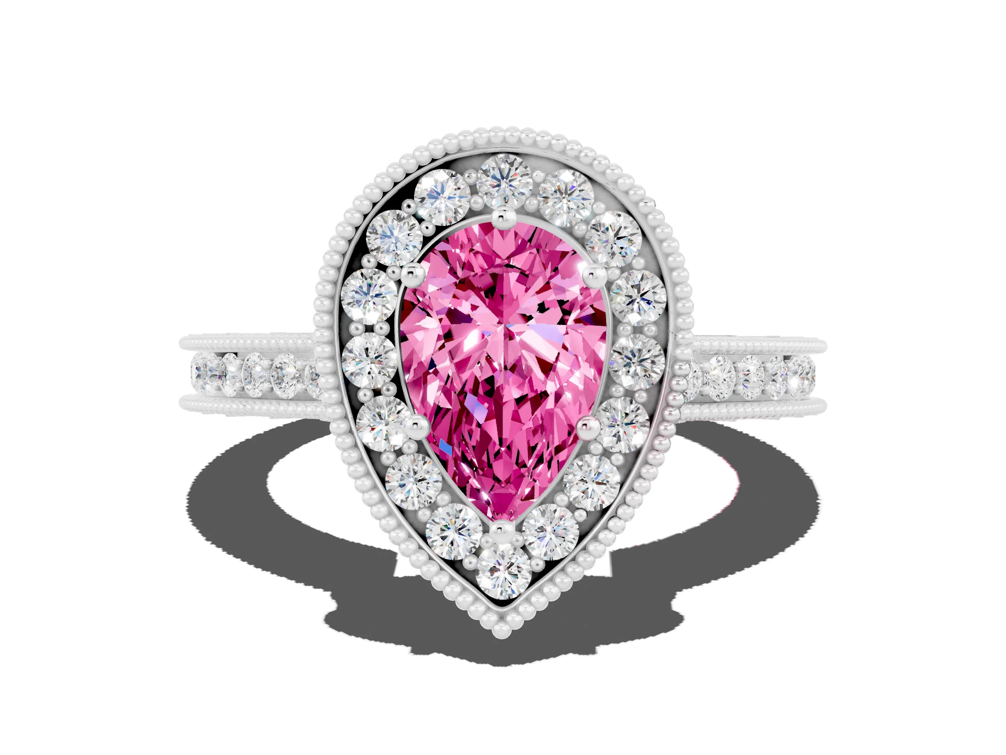 White gold Pear Cut Halo Diamond Engagement Ring with Milgrain Pave Band and Four-Prong Setting