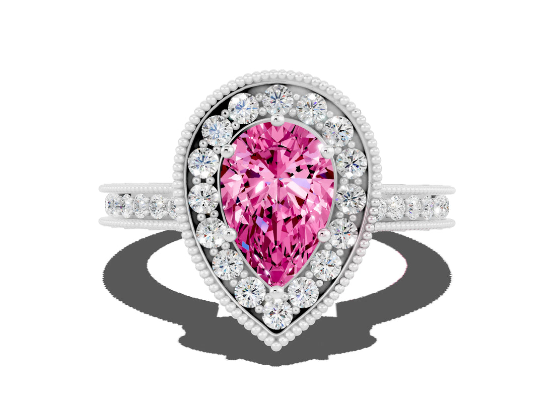 White gold Pear Cut Halo Diamond Engagement Ring with Milgrain Pave Band and Four-Prong Setting