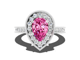 White gold Pear Cut Halo Diamond Engagement Ring with Milgrain Pave Band and Four-Prong Setting