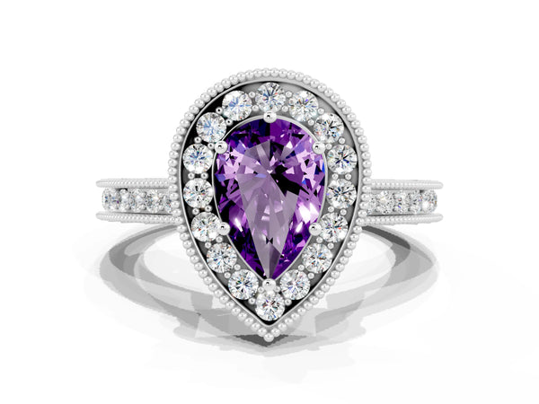 Platinum Pear Cut Amethyst Milgrain Halo Engagement Ring with Round Pavé Band and Prong Setting