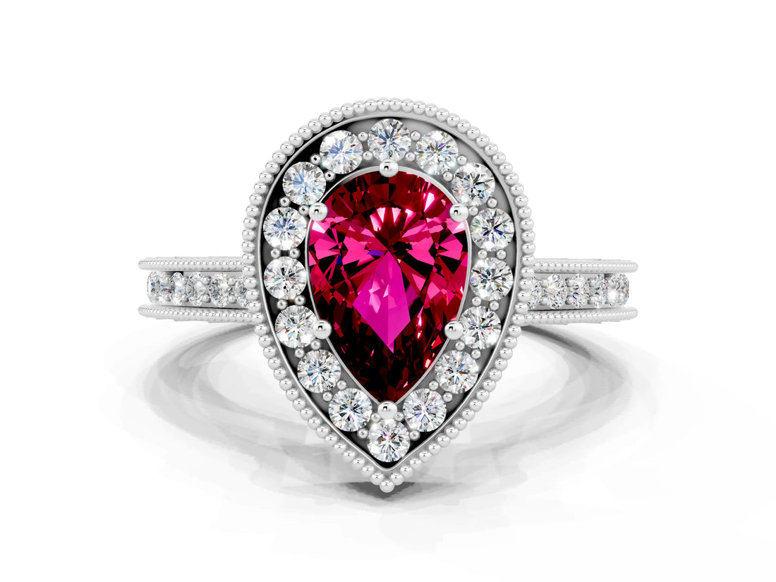 White gold Pear Cut Halo Diamond Engagement Ring with Milgrain Pave Band and Four-Prong Setting