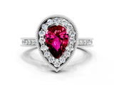 White gold Pear Cut Halo Diamond Engagement Ring with Milgrain Pave Band and Four-Prong Setting