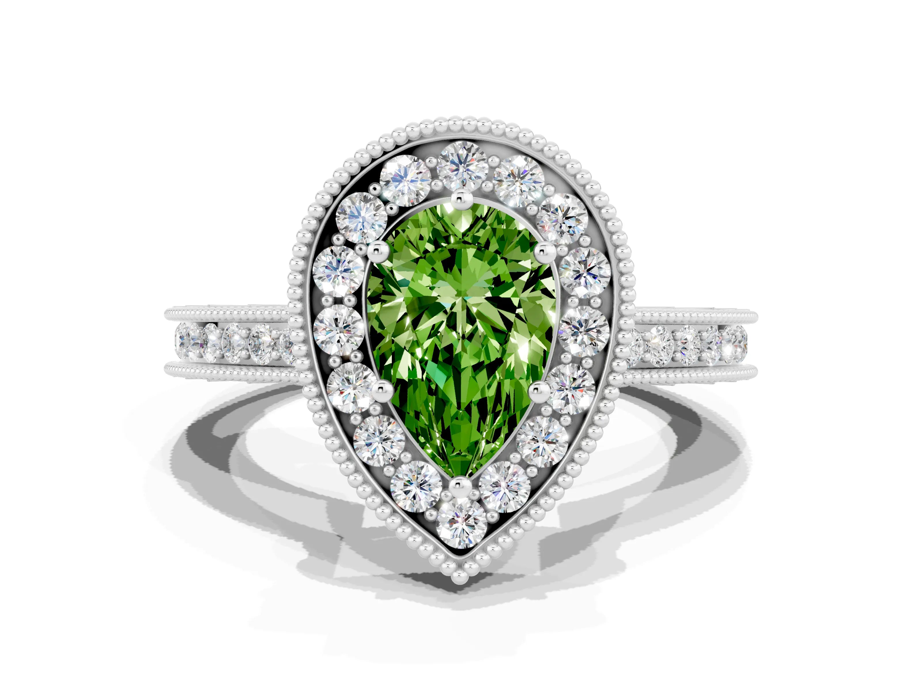 White gold Pear Cut Halo Diamond Engagement Ring with Milgrain Pave Band and Four-Prong Setting
