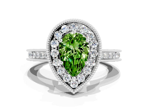 White gold Pear Cut Halo Diamond Engagement Ring with Milgrain Pave Band and Four-Prong Setting