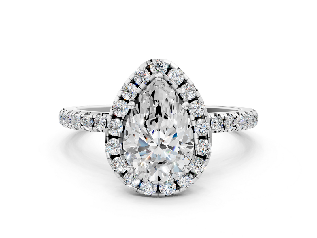 White gold Pear Cut Halo Diamond Engagement Ring with Pave Band and Four-Prong Setting_21