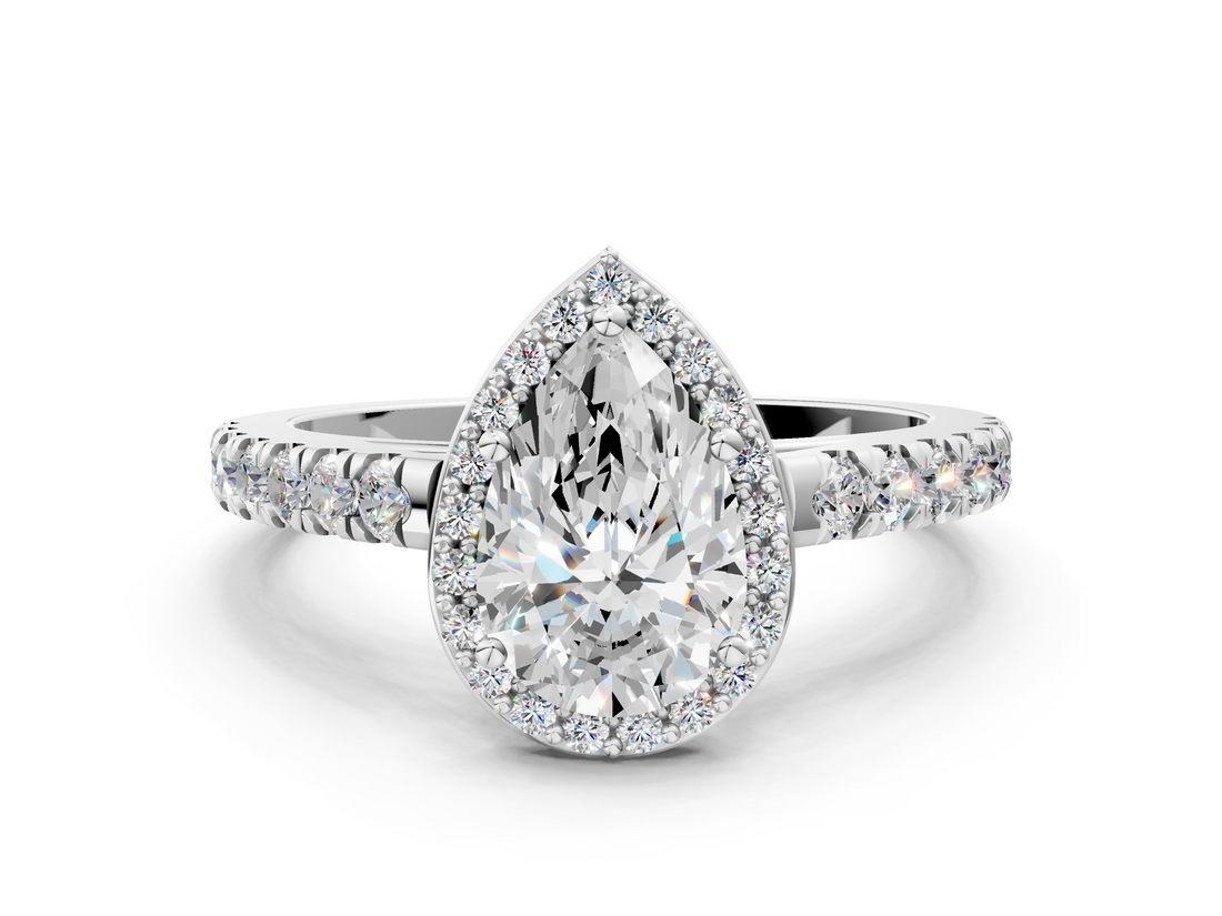 White gold Pear Cut Halo Diamond Engagement Ring with Pave Band and Four-Prong Setting_57