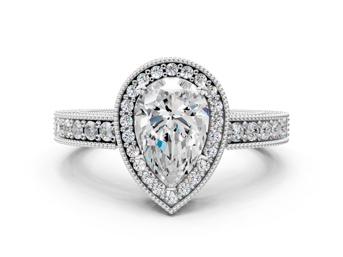 White gold Pear Cut Halo Diamond Pave Band Ring with Four-Prong Setting_81