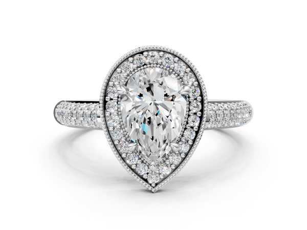 White gold Pear Cut Halo Diamond Pave Band with Four-Prong Setting