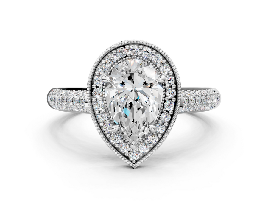 White gold Pear Cut Halo Diamond Pave Band with Four-Prong Setting
